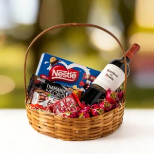 Cesta de Chocolate e Vinho Tinto
