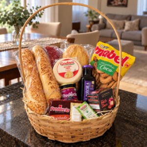 Cesta Café Colonial Disa Cestas com pães, queijo Minas, salame, rosquinhas, geleia, goiabada, suco e chá.
